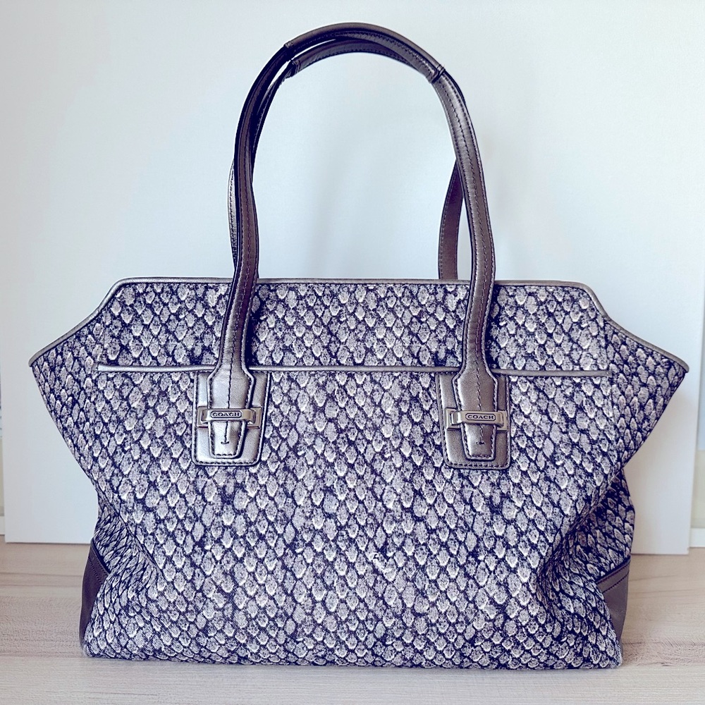 Coach Taylor Snake Print Fabric gunmetal leather Alexis Carry all Tote handbag